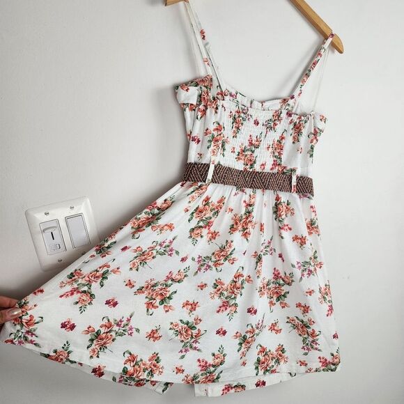 Mind Code Cotton Mini Dress Floral Cream Belted Wooden Button Size M - Picture 11 of 16